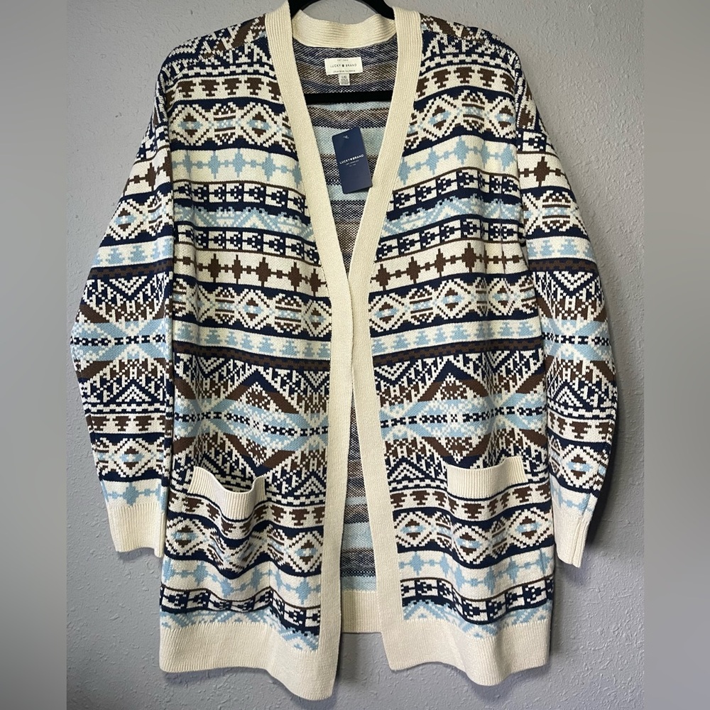 NWT Lucky Brand Open Front Cardigan Southwest Pattern, Size Large Cotton Blend